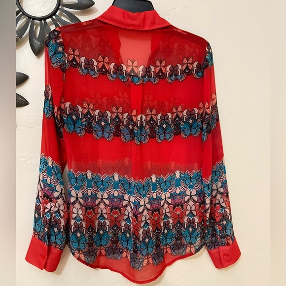 Express~The Portofino Shirt~Semi-Sheer-Slim-Fit~Butterfly Print~Blouse~Size XS - Picture 10 of 14